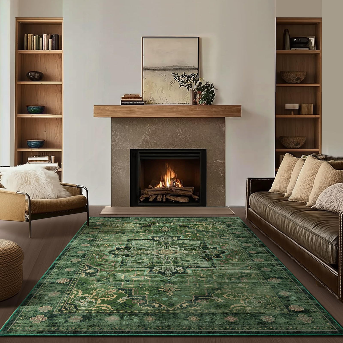 Vintage Distressed 5x7 Area Rugs for Living Room Bedroom Non Slip Washable, Medallion Pattern Printed Low Pile Thin Carpet Rugs for Dining Room/Kitchen/Home Office, Multi Brown Olive Accents