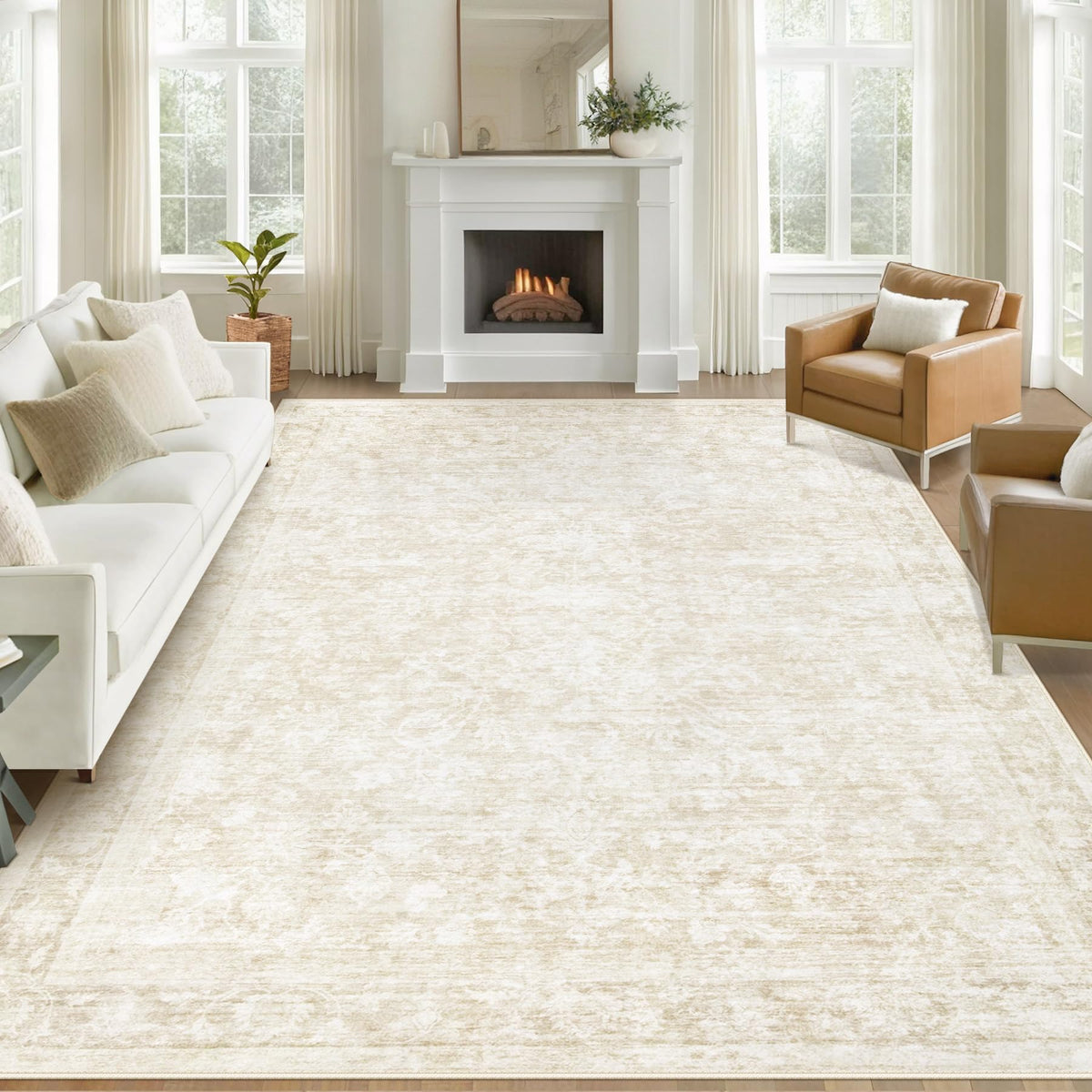 Bedroom Rug Washable Large Area Rugs Foldable Low Pile Print Non Slip Boho Patterned Rugs for Bedroom Living Room Dining Home Office (Floral Beige, 5'x7')