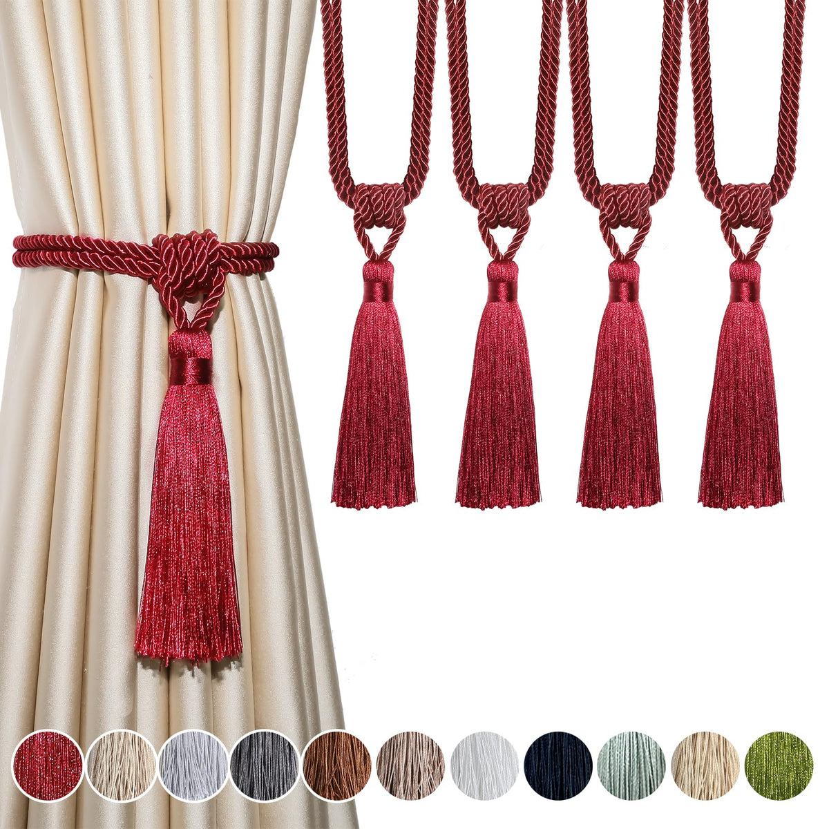 4 Pack Curtain Tiebacks Handmade Tassel Rope Curtain Holdbacks