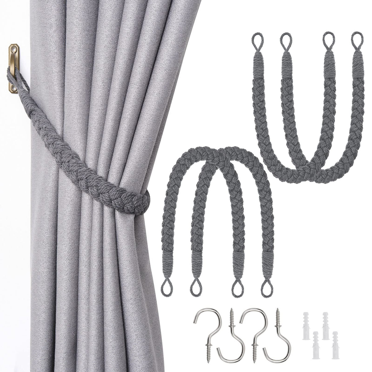 NICEEC 2 Pack Natural Cotton Rope Curtain Tiebacks Elegant Boho Style Decorative Drape Tie Backs Soft Hand-Woven Rope Curtain Holdbacks with Metal Hook for Home & Office Drapery (Coffee)