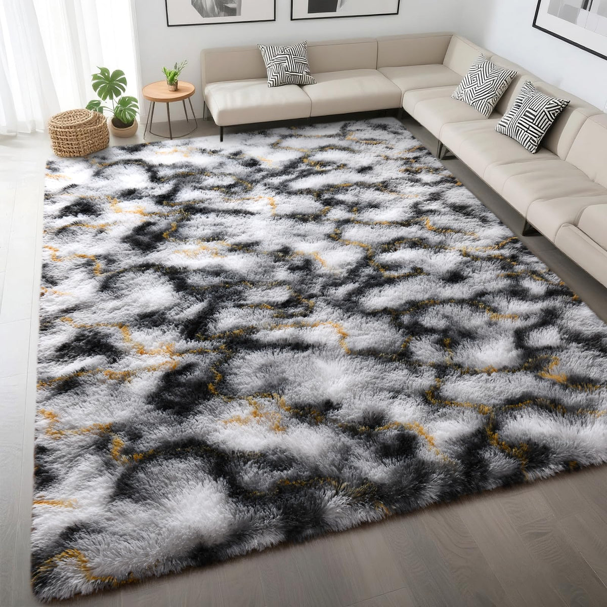 DweIke Fluffy Black White Rugs for Bedroom Living Room, 4x6 Feet Soft Plush Shaggy Cow Hide Print Girls Boys Kids Rug, Non-Slip and Machine Washable Carpet for Dorm Nursery Classroom Decor