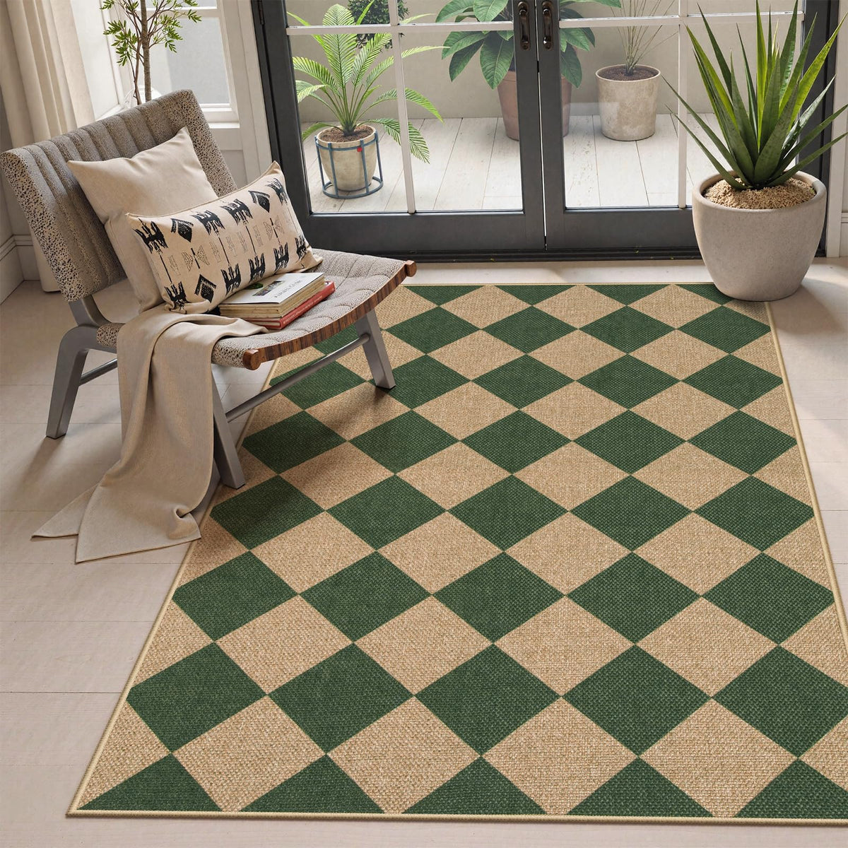 Lahome Checkered Easy Jute 5x7 Area Rugs, Washable Outdoor Patio Rug for Living Room Diamond Indoor Outdoor Carpet, Farmhouse Geometric Non Slip Black Carpet for Backyard Dining Room