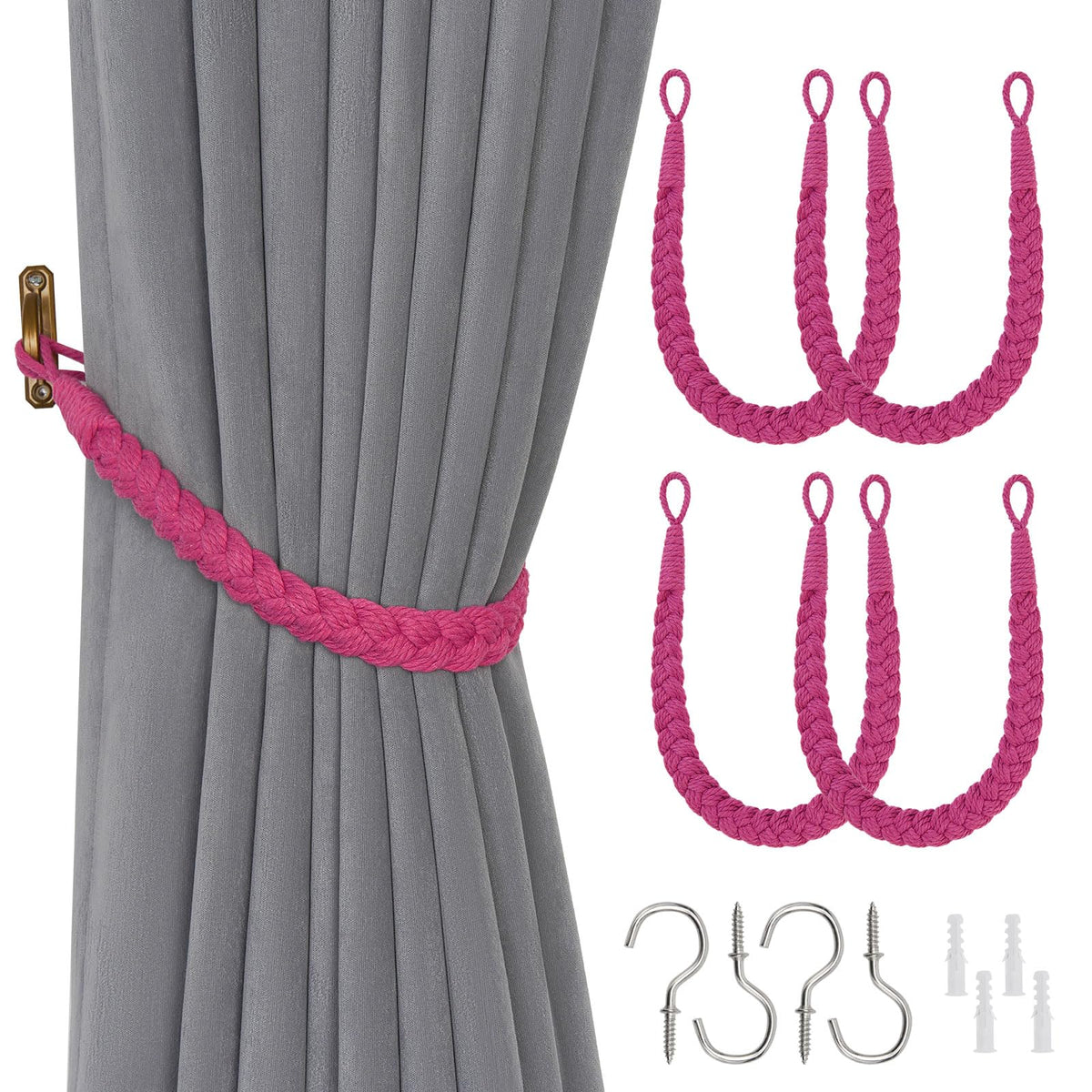 NICEEC 2 Pack Natural Cotton Rope Curtain Tiebacks Elegant Boho Style Decorative Drape Tie Backs Soft Hand-Woven Rope Curtain Holdbacks with Metal Hook for Home & Office Drapery (Coffee)