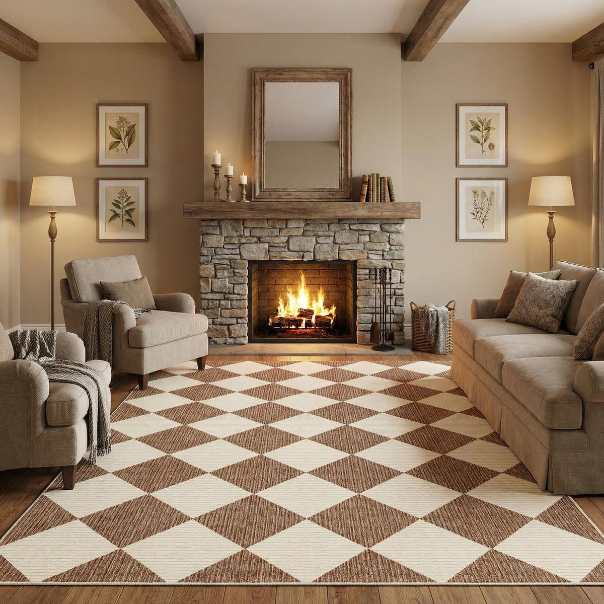 GarveeHome 5x7 Checkered Area Rug Black and Brown Washable Living Room Rug