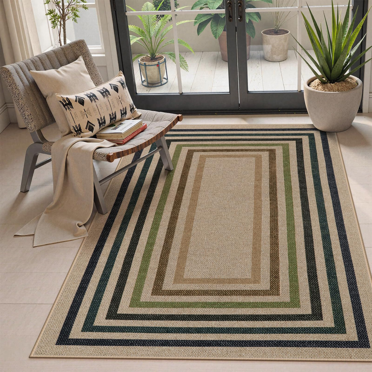 Lahome Modern Rainbow Easy Jute Carpet, Washable 5x7 Area Rugs for Living Room Patio Black Farmhouse Indoor Outdoor Rugs, Contemporary Natural Non Slip Floor Carpet for Office RV Backyard