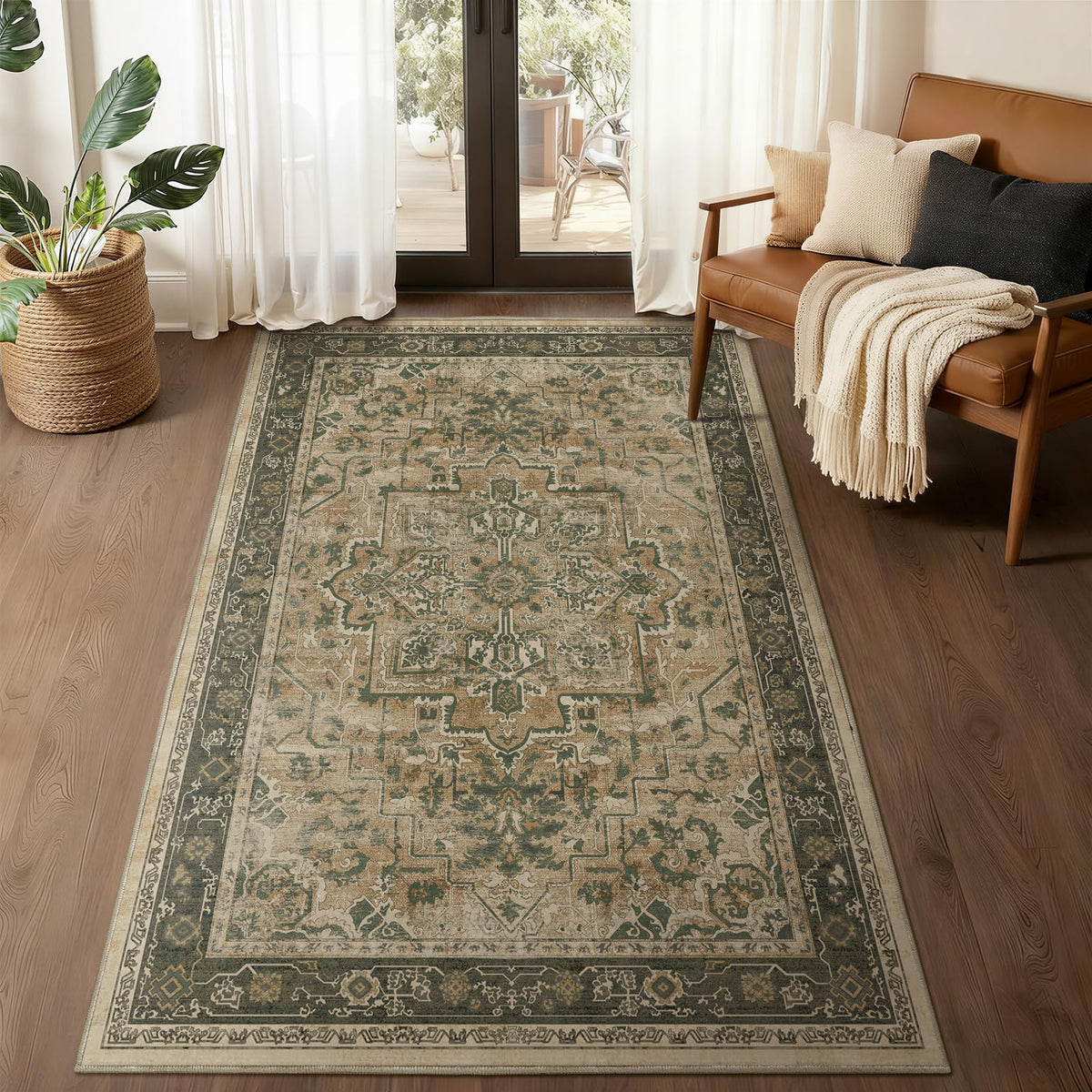 Vintage Distressed 5x7 Area Rugs for Living Room Bedroom Non Slip Washable, Medallion Pattern Printed Low Pile Thin Carpet Rugs for Dining Room/Kitchen/Home Office, Multi Brown Olive Accents