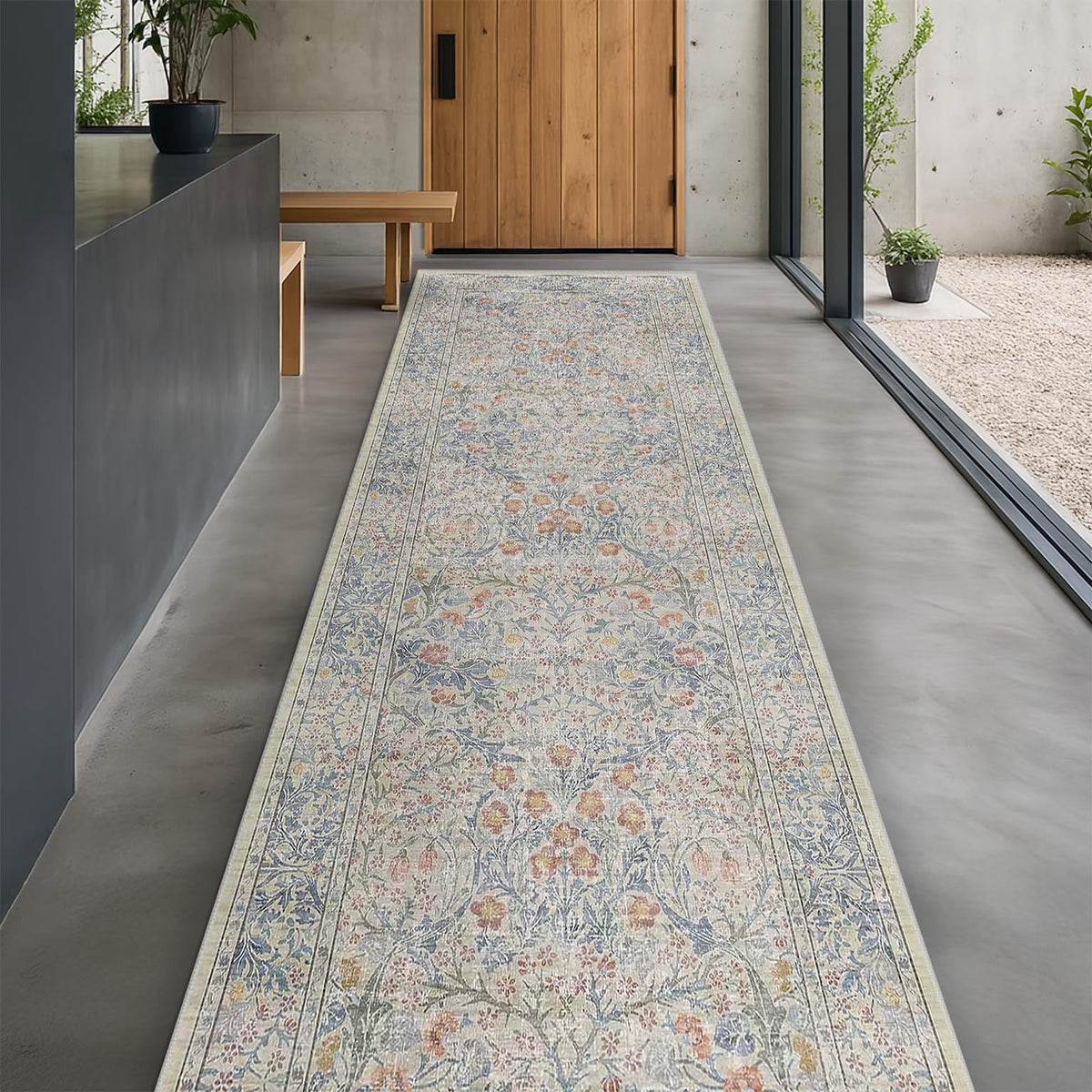 Floral Dark Green Washable Area Rugs 8x10, Vintage Living Room Rug