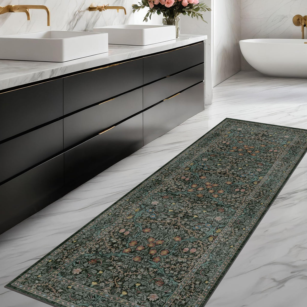 Floral Dark Green Washable Area Rugs 8x10, Vintage Living Room Rug