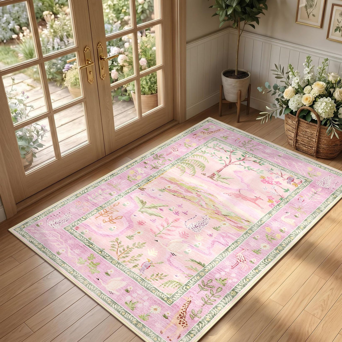 Washable Area Rug 5x7 Green Animal Print Rugs for Nursery Non Slip Stain Resistant Forest Fairy Tale Throw Carpet Low Pile Whimsical Safari Area Rugs for Entryway Girls Bedroom Dining Room, Green