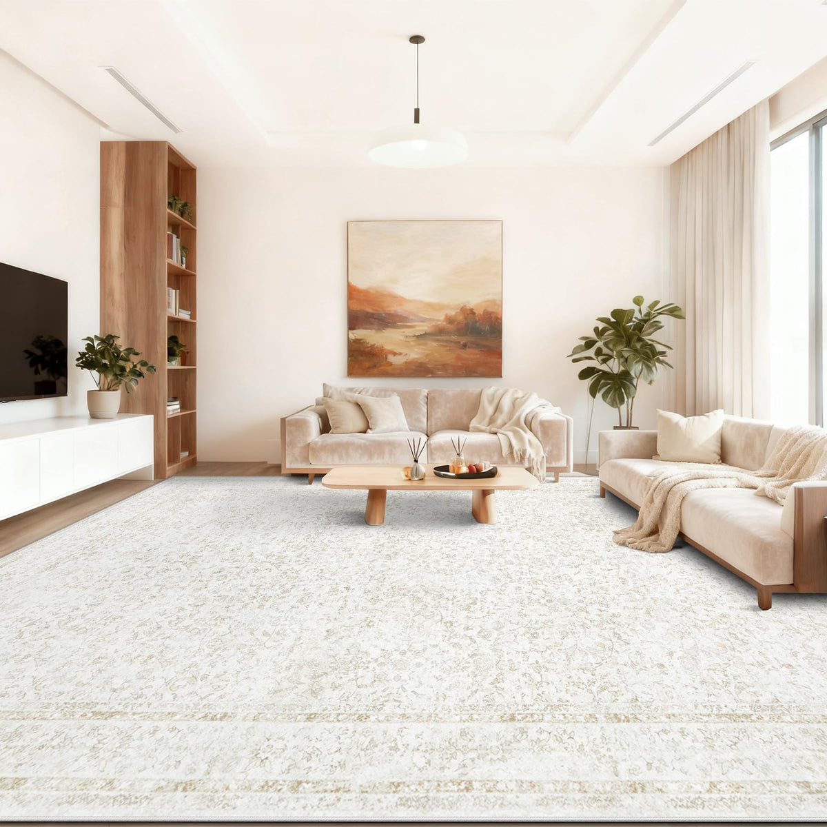 Bedroom Rug Washable Large Area Rugs Foldable Low Pile Print Non Slip Boho Patterned Rugs for Bedroom Living Room Dining Home Office (Floral Beige, 5'x7')