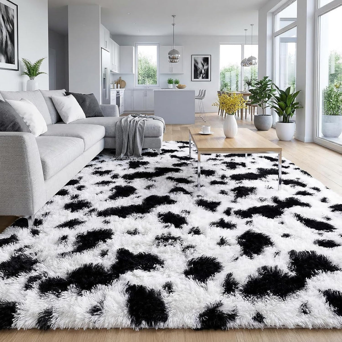 DweIke Fluffy Black White Rugs for Bedroom Living Room, 4x6 Feet Soft Plush Shaggy Cow Hide Print Girls Boys Kids Rug, Non-Slip and Machine Washable Carpet for Dorm Nursery Classroom Decor