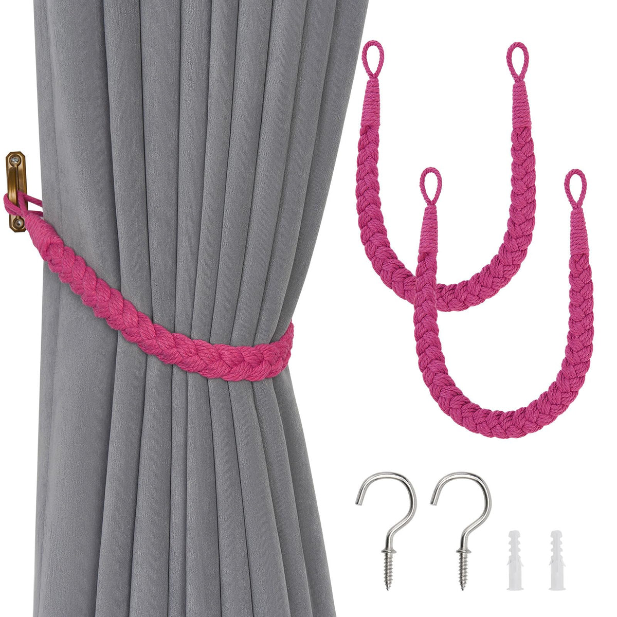 NICEEC 2 Pack Natural Cotton Rope Curtain Tiebacks Elegant Boho Style Decorative Drape Tie Backs Soft Hand-Woven Rope Curtain Holdbacks with Metal Hook for Home & Office Drapery (Coffee)
