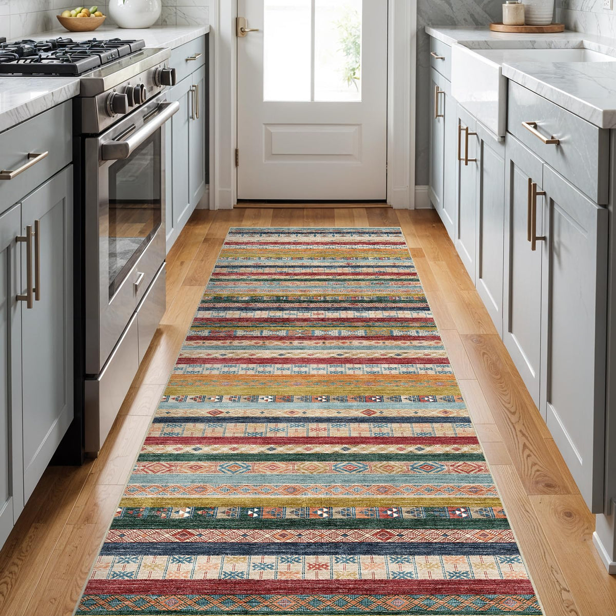 5x7 Washable Area Rug for Living Room - Non-Slip Geometric Rugs Blue Grey