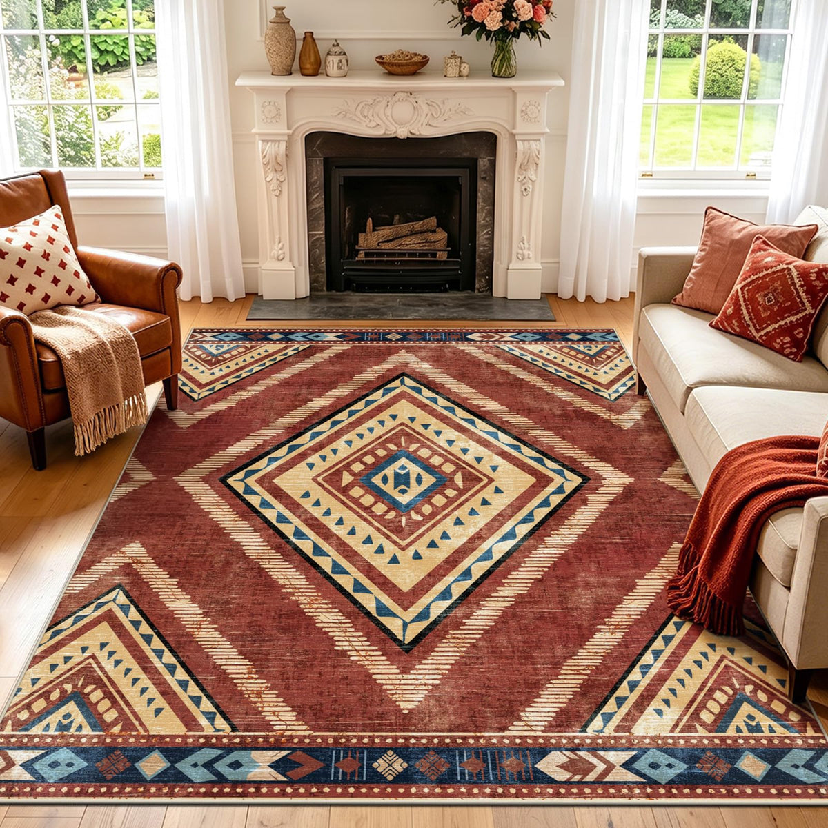 Boho Washable Rugs 5x7ft Non Slip, Low Pile Area Rug for Living Room, Brown Moroccan Bedroom Carpets, Non Shedding Soft Floor Carpet for Dining Room Bathroom Nursery Kitchen Office