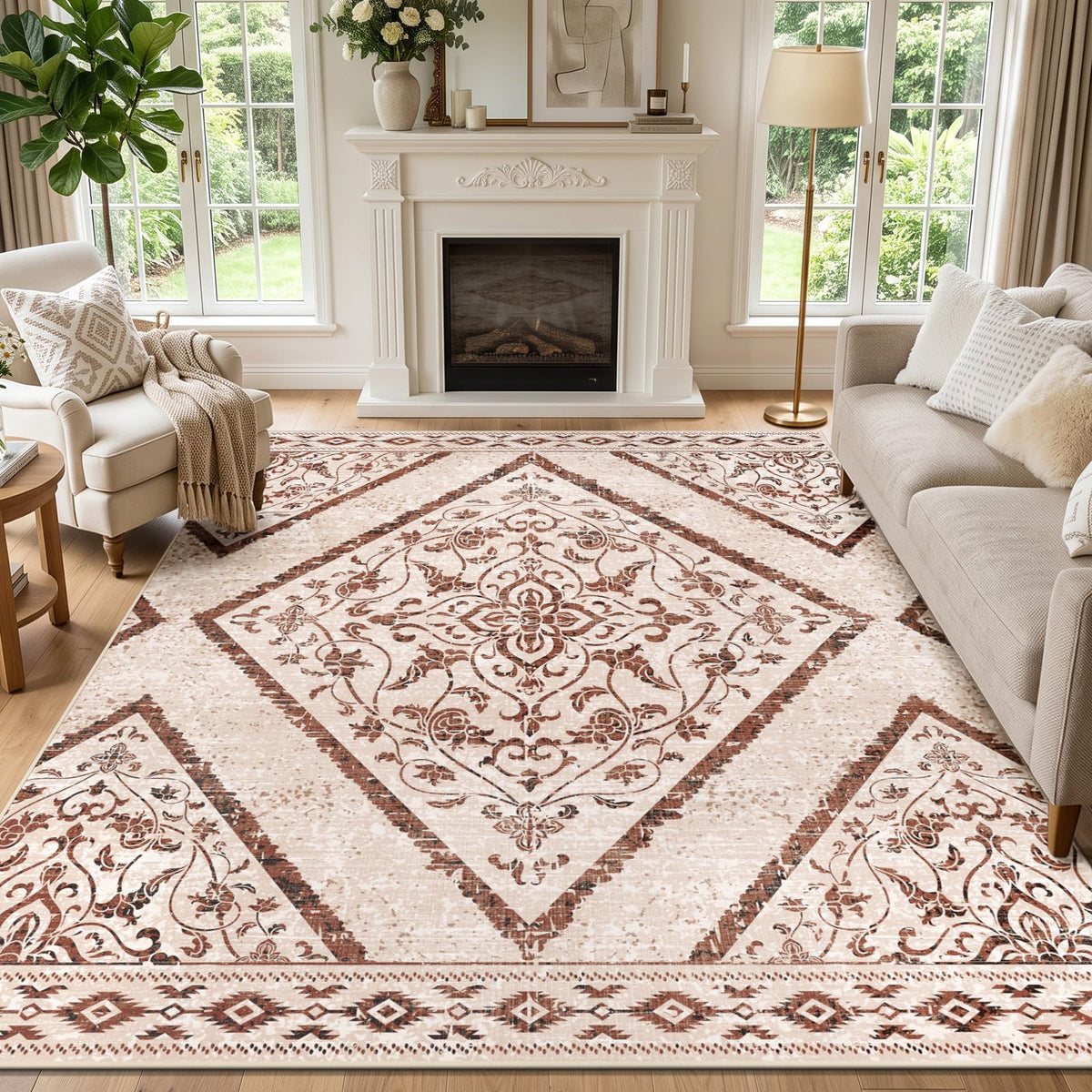 Boho Washable Rugs 5x7ft Non Slip, Low Pile Area Rug for Living Room, Brown Moroccan Bedroom Carpets, Non Shedding Soft Floor Carpet for Dining Room Bathroom Nursery Kitchen Office