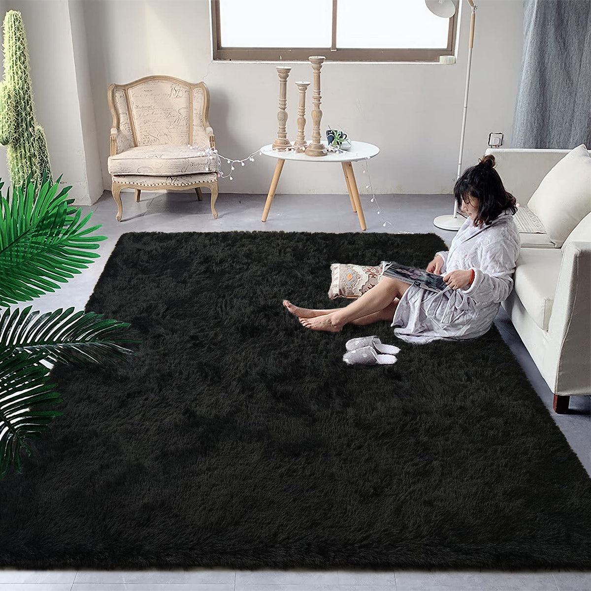 DweIke Fluffy Black White Rugs for Bedroom Living Room, 4x6 Feet Soft Plush Shaggy Cow Hide Print Girls Boys Kids Rug, Non-Slip and Machine Washable Carpet for Dorm Nursery Classroom Decor