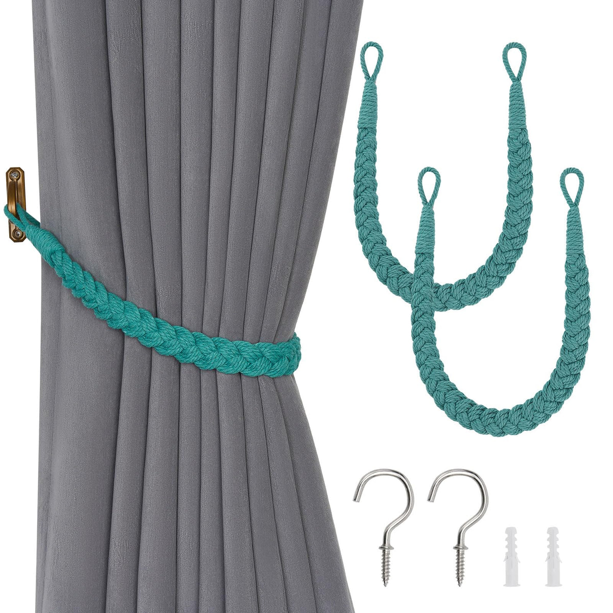 NICEEC 2 Pack Natural Cotton Rope Curtain Tiebacks Elegant Boho Style Decorative Drape Tie Backs Soft Hand-Woven Rope Curtain Holdbacks with Metal Hook for Home & Office Drapery (Coffee)