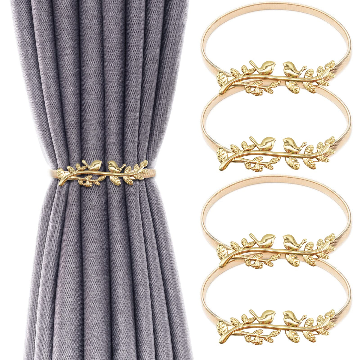 4Pack Curtain Tiebacks Aluminum Alloy Spring Design Curtain Holdback Leaf Carving Design Curtain Ties for Drapes Curtain Ties Backs Curtain Modern Style Curtain Holdback Decor(Gold Leaf)