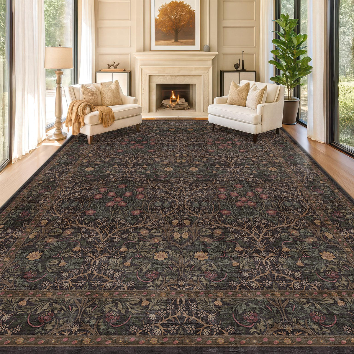 Floral Dark Green Washable Area Rugs 8x10, Vintage Living Room Rug