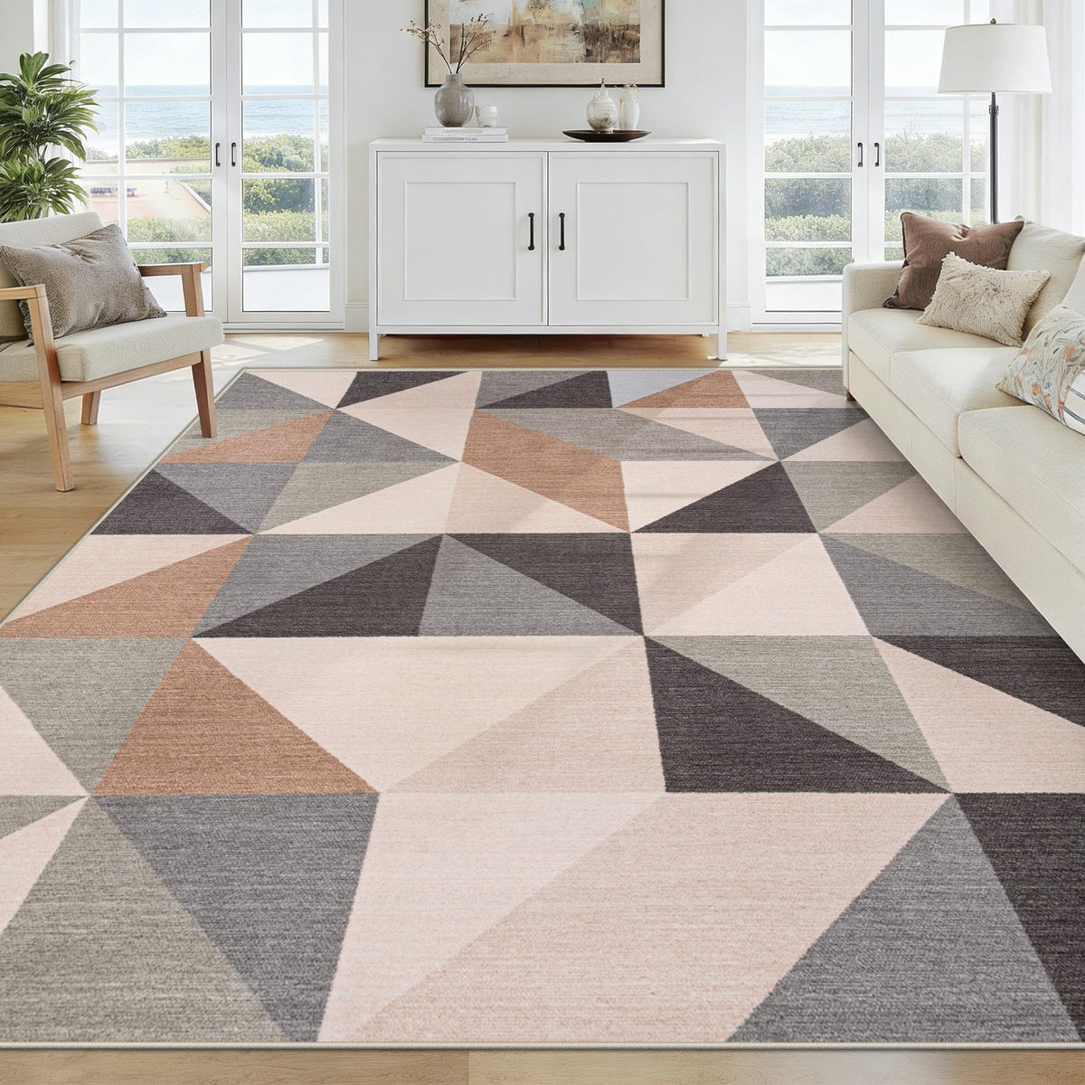 Washable Rug 8x10 Area Rugs: Modern Geometric Area Rug for Living Room Non-Slip Neutral Soft Carpet Low Pile Stain Resistant Indoor Rugs for Bedroom Nursery Dining Room Office (Beige Brown, 8'X10')