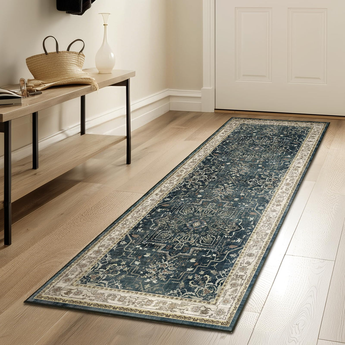 Vintage Distressed 5x7 Area Rugs for Living Room Bedroom Non Slip Washable, Medallion Pattern Printed Low Pile Thin Carpet Rugs for Dining Room/Kitchen/Home Office, Multi Brown Olive Accents