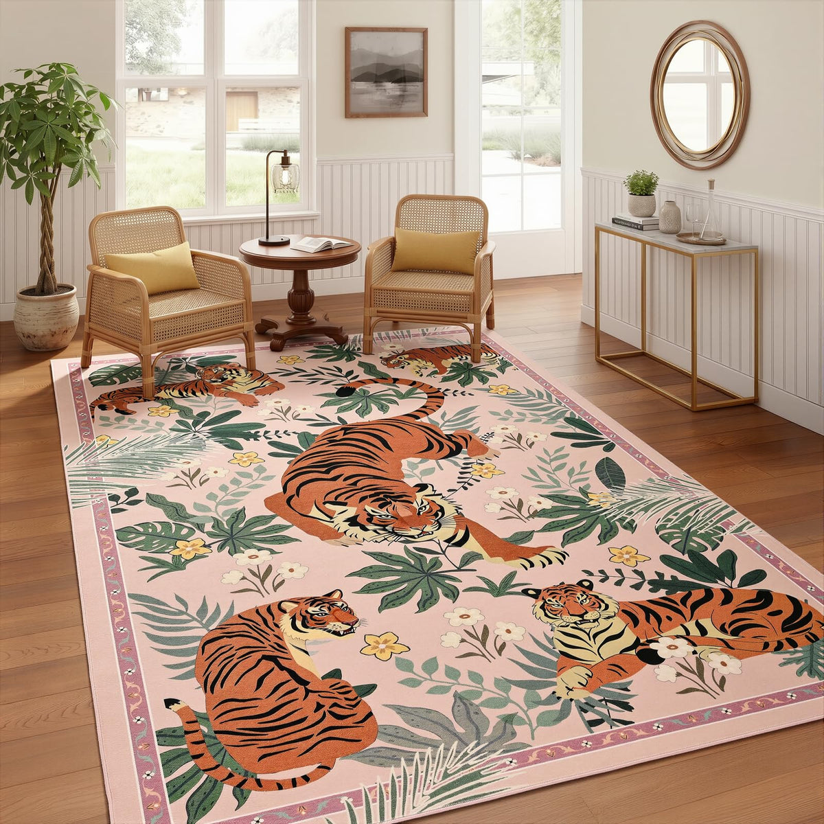 Zentavio Tiger Area Rug 6x9, Vintage Safari Animal Print Rug, Washable Non Slip Boho Camel Carpet for Living Room Bedroom