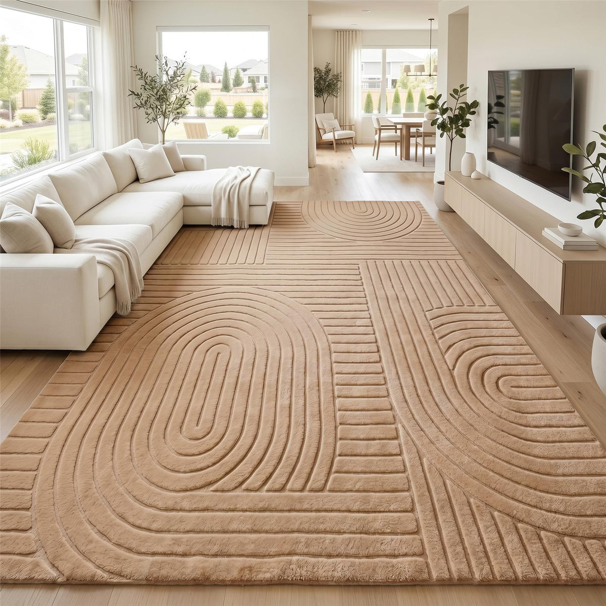 5x7 Solid Beige Area Rugs for Living Room, Geometric Washable Rug