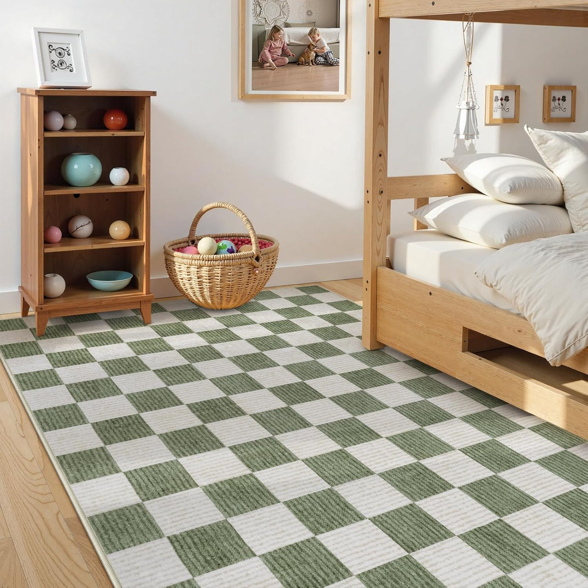 LIVEBOX 8x10 Area Rugs for Living Room, Checkered Non-Slip Washable Rugs, Farmhouse Neutral Classic Geometric Large Boys Area Rug for Bedroom, Carpet for Living Dining Room Office(Sage Green,8'x10')
