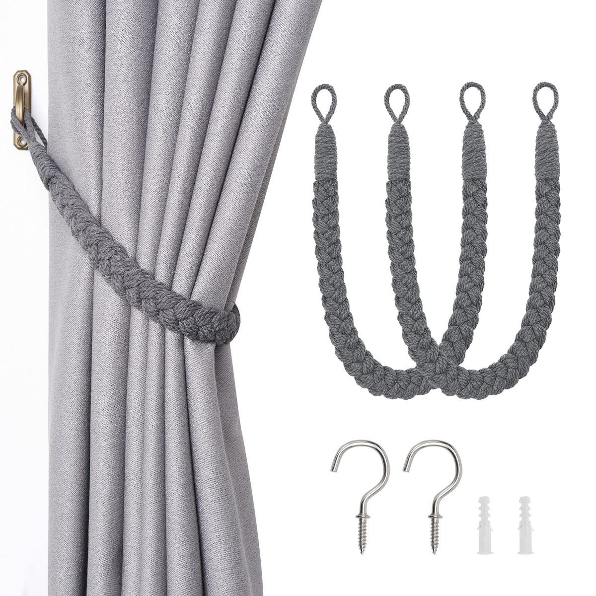 NICEEC 2 Pack Natural Cotton Rope Curtain Tiebacks Elegant Boho Style Decorative Drape Tie Backs Soft Hand-Woven Rope Curtain Holdbacks with Metal Hook for Home & Office Drapery (Coffee)
