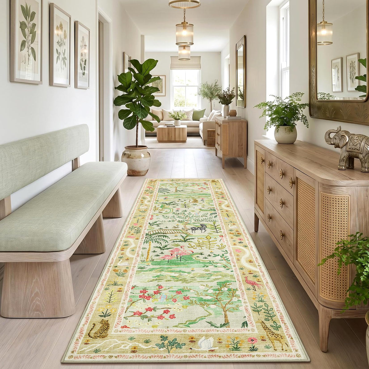 Washable Area Rug 5x7 Green Animal Print Rugs for Nursery Non Slip Stain Resistant Forest Fairy Tale Throw Carpet Low Pile Whimsical Safari Area Rugs for Entryway Girls Bedroom Dining Room, Green