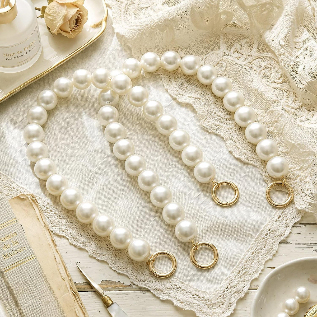 Tondiamo 2 Pack Pearl Curtain Tiebacks Decorative Window Drape Holdbacks with Large Pearls French Rustic Curtain Tie Bands for Bedroom Living Room Home Decor (Single)