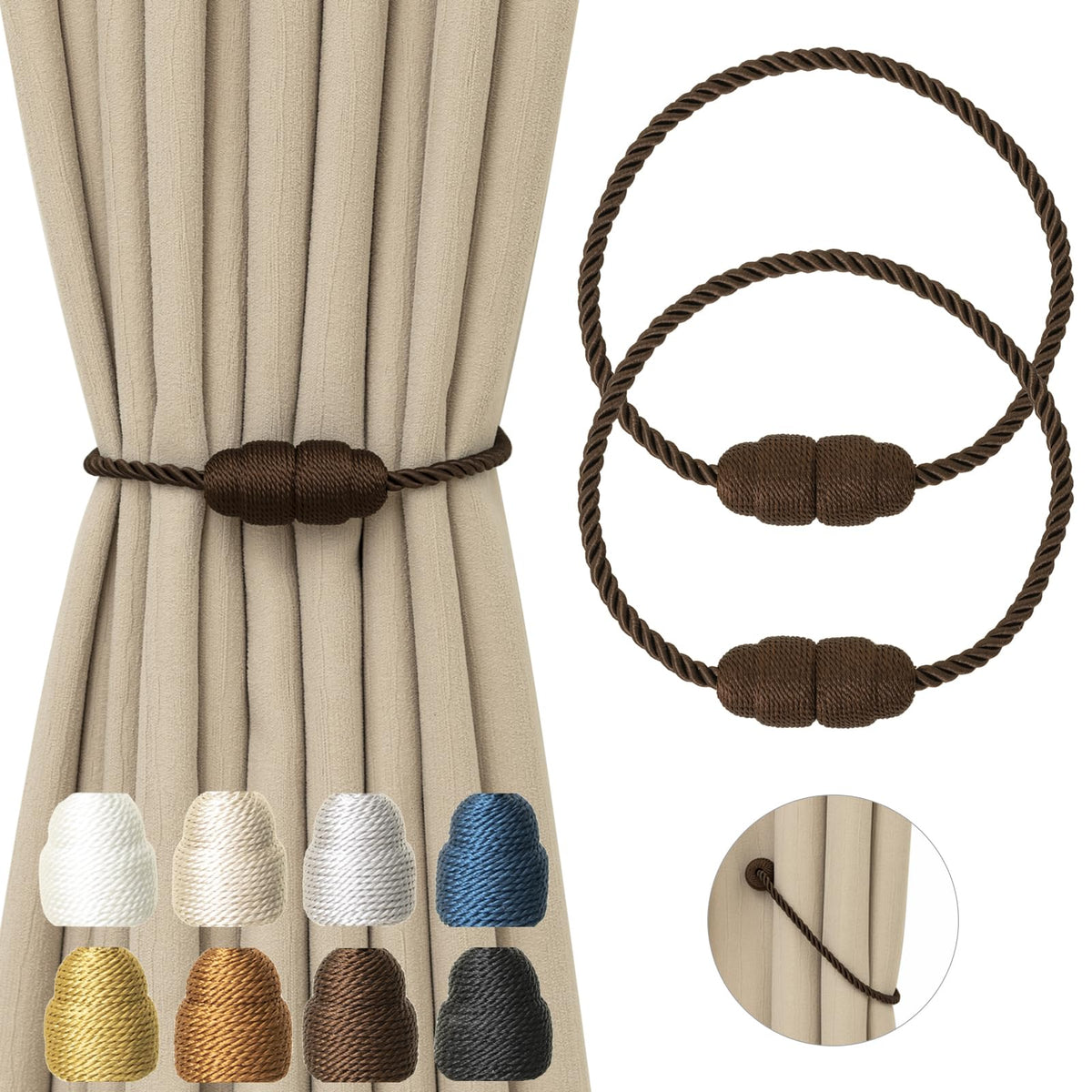 Magnetic Curtain Tiebacks Rope Curtain Tie Backs for Curtains 6 Pack Curtain Holders for Drapes Decorative Window Curtain Holdbacks, Gold