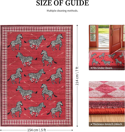 YIHOUSE Red Zebra Area Rugs 5×7, Washable Animal Print Rug with Checkered Border, Non-Slip Low Pile Mid-Century Modern Carpet for Living Room, Bedroom, Dining Room, Home Decor
