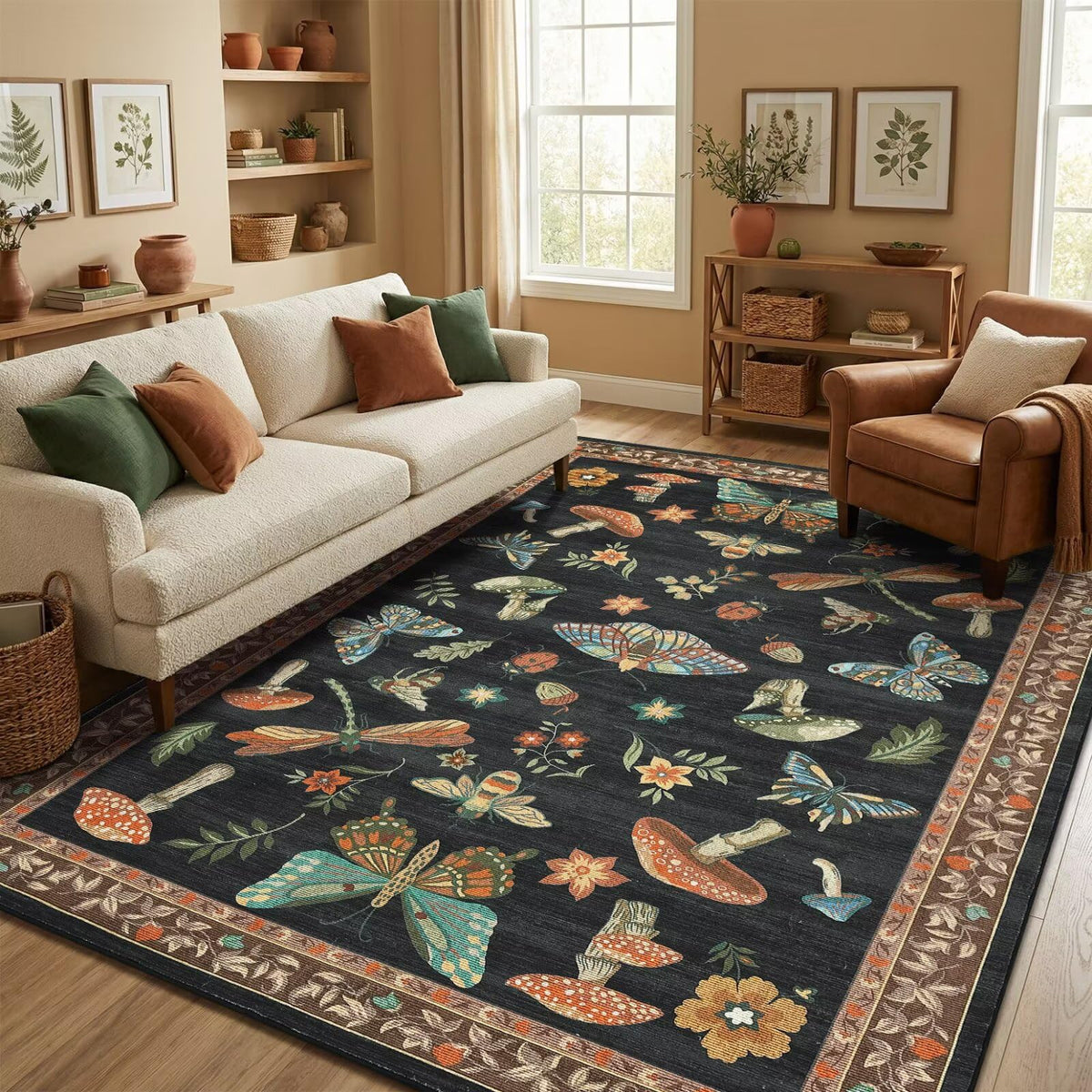 ROYHOME Mushroom Insect Washable Rug 5x7 for Bedroom Living Room Brown
