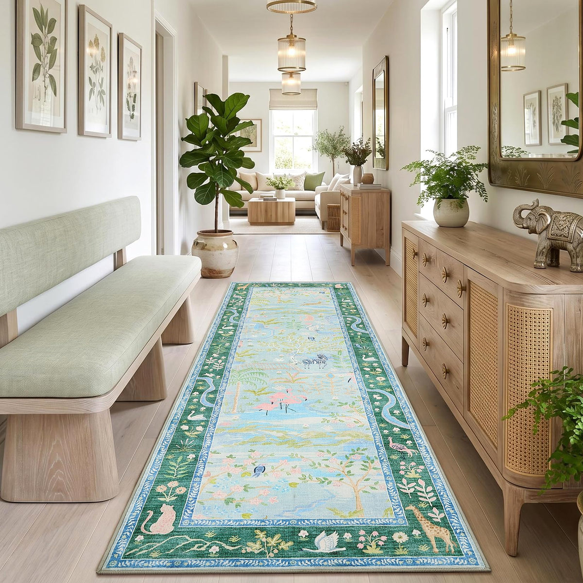 Washable Area Rug 5x7 Green Animal Print Rugs for Nursery Non Slip Stain Resistant Forest Fairy Tale Throw Carpet Low Pile Whimsical Safari Area Rugs for Entryway Girls Bedroom Dining Room, Green