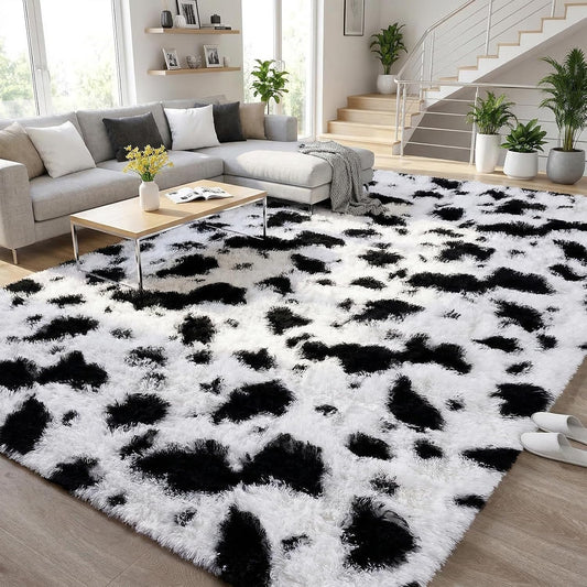 DweIke Fluffy Black White Rugs for Bedroom Living Room, 4x6 Feet Soft Plush Shaggy Cow Hide Print Girls Boys Kids Rug, Non-Slip and Machine Washable Carpet for Dorm Nursery Classroom Decor