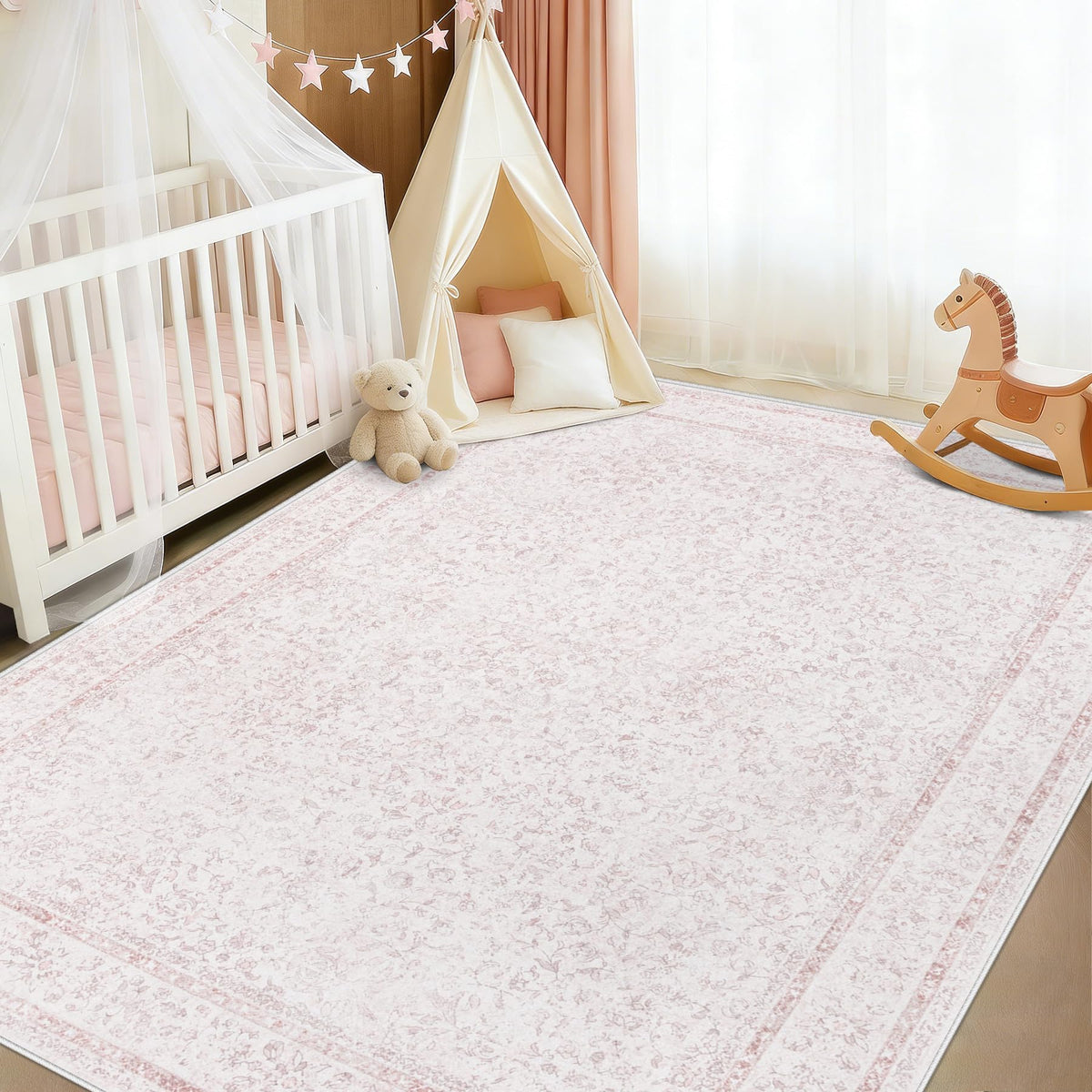 Bedroom Rug Washable Large Area Rugs Foldable Low Pile Print Non Slip Boho Patterned Rugs for Bedroom Living Room Dining Home Office (Floral Beige, 5'x7')