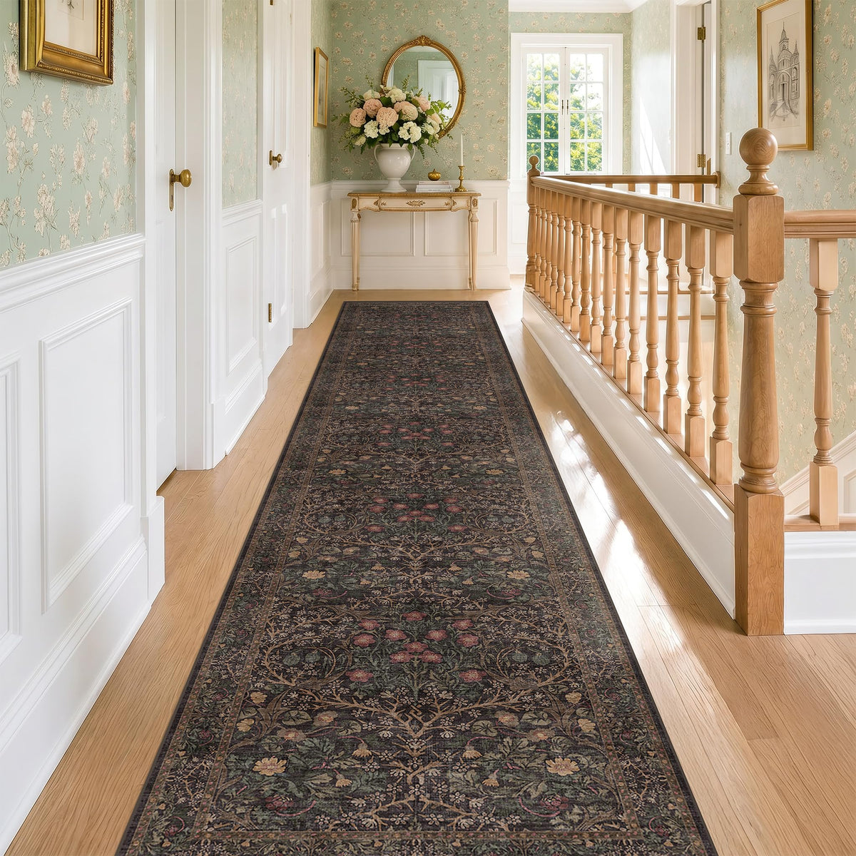 Floral Dark Green Washable Area Rugs 8x10, Vintage Living Room Rug