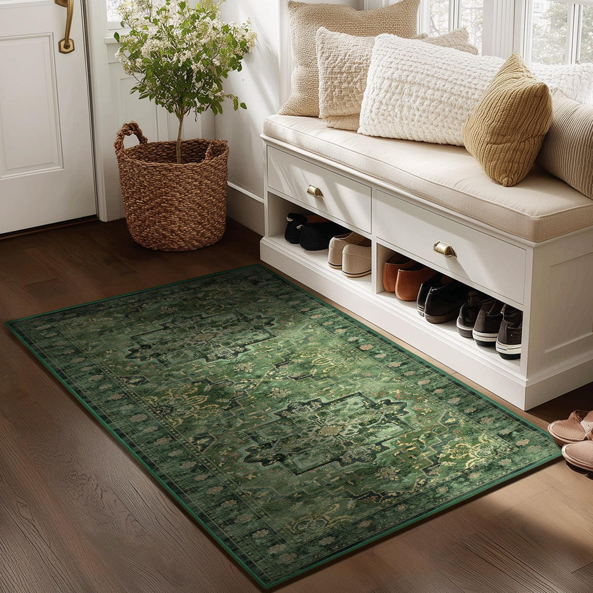 Vintage Distressed 5x7 Area Rugs for Living Room Bedroom Non Slip Washable, Medallion Pattern Printed Low Pile Thin Carpet Rugs for Dining Room/Kitchen/Home Office, Multi Brown Olive Accents