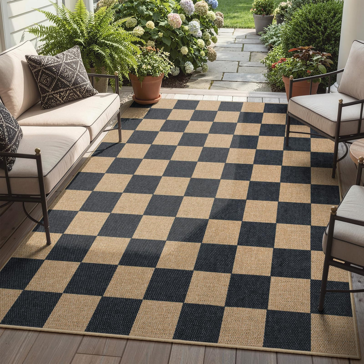 Lahome Checkered Easy Jute 5x7 Area Rugs, Washable Outdoor Patio Rug for Living Room Diamond Indoor Outdoor Carpet, Farmhouse Geometric Non Slip Black Carpet for Backyard Dining Room