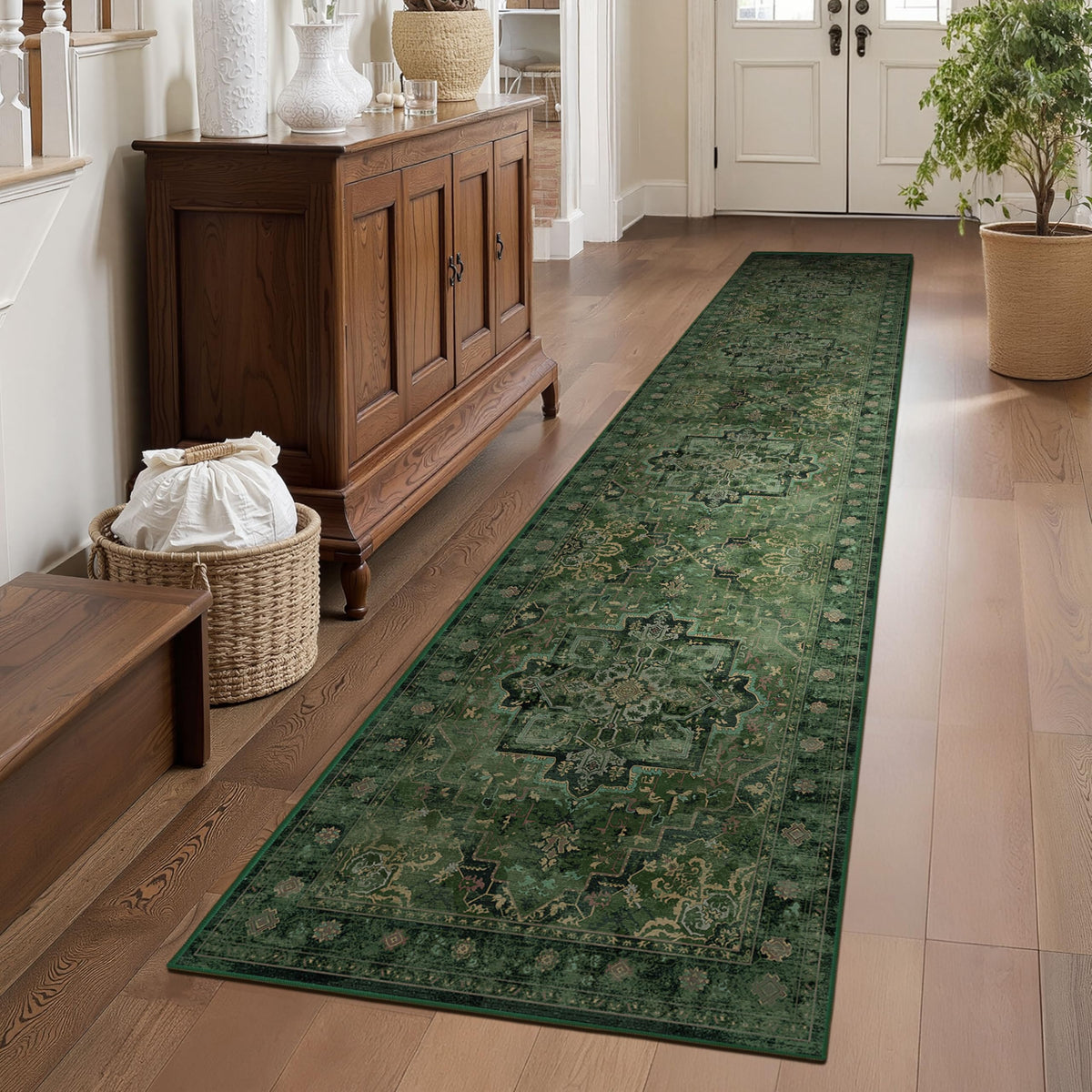 Vintage Distressed 5x7 Area Rugs for Living Room Bedroom Non Slip Washable, Medallion Pattern Printed Low Pile Thin Carpet Rugs for Dining Room/Kitchen/Home Office, Multi Brown Olive Accents