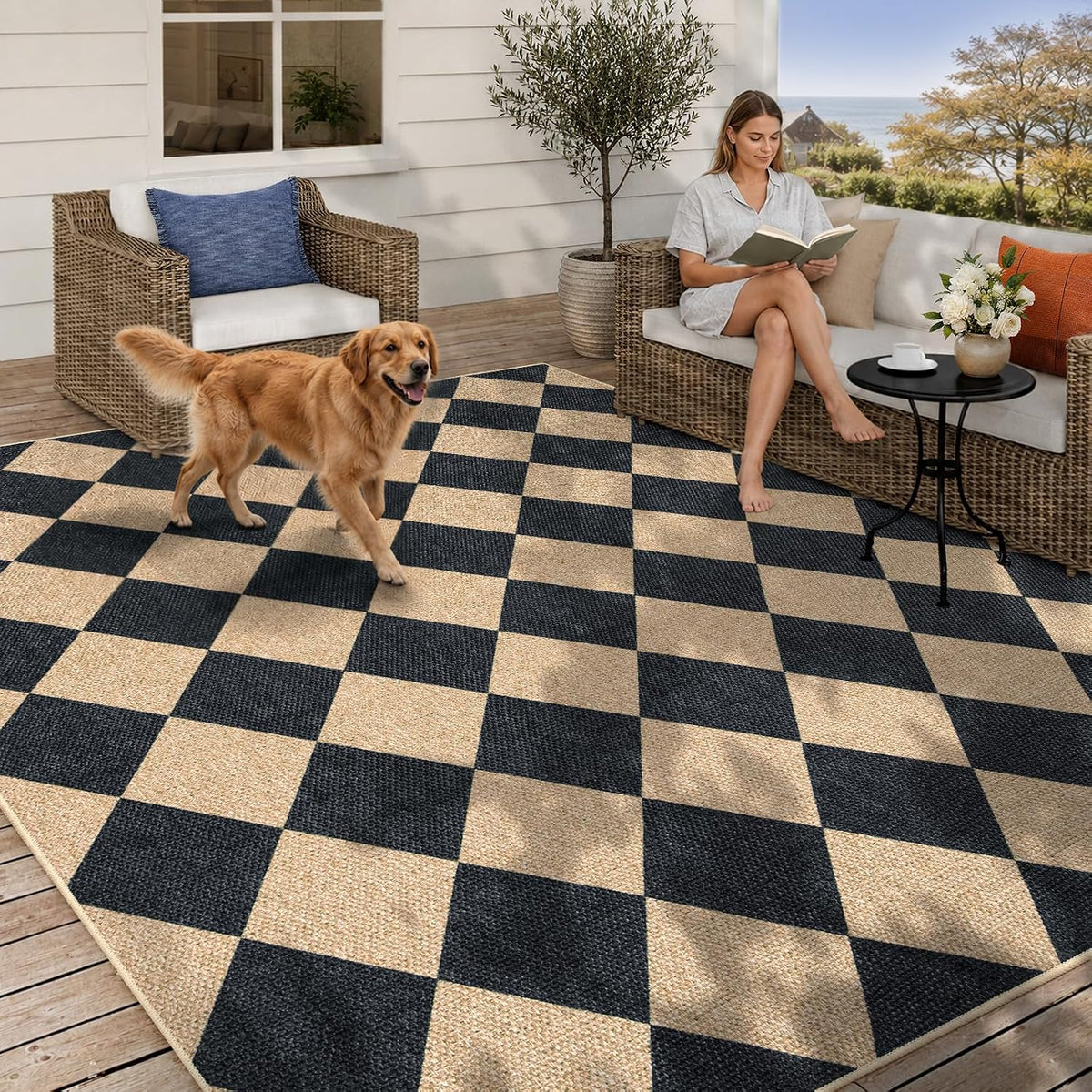 Lahome Checkered Easy Jute 5x7 Area Rugs, Washable Outdoor Patio Rug for Living Room Diamond Indoor Outdoor Carpet, Farmhouse Geometric Non Slip Black Carpet for Backyard Dining Room