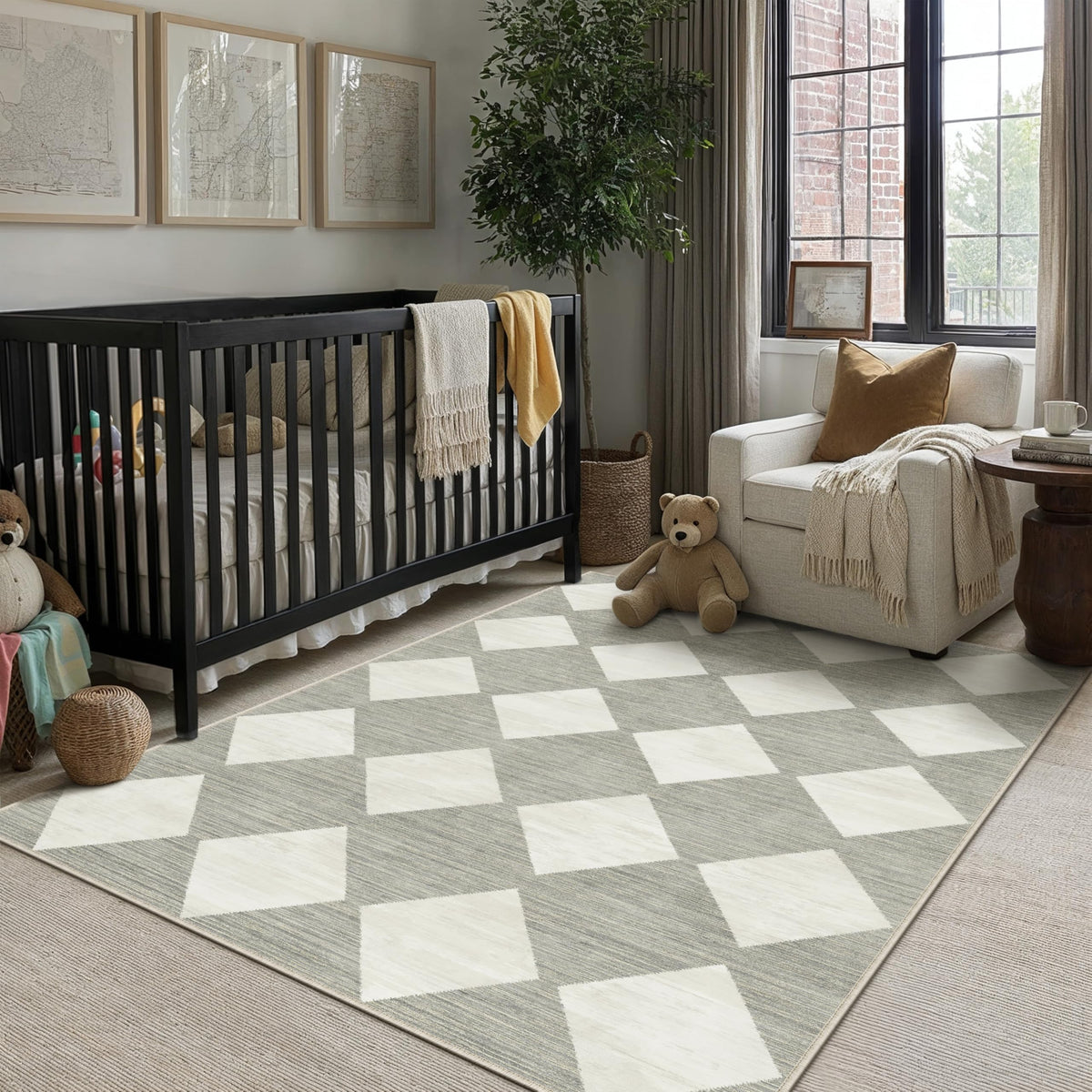 PureCozy 8x10 Washable Area Rug Living Room Beige Non Slip Checkered Carpet