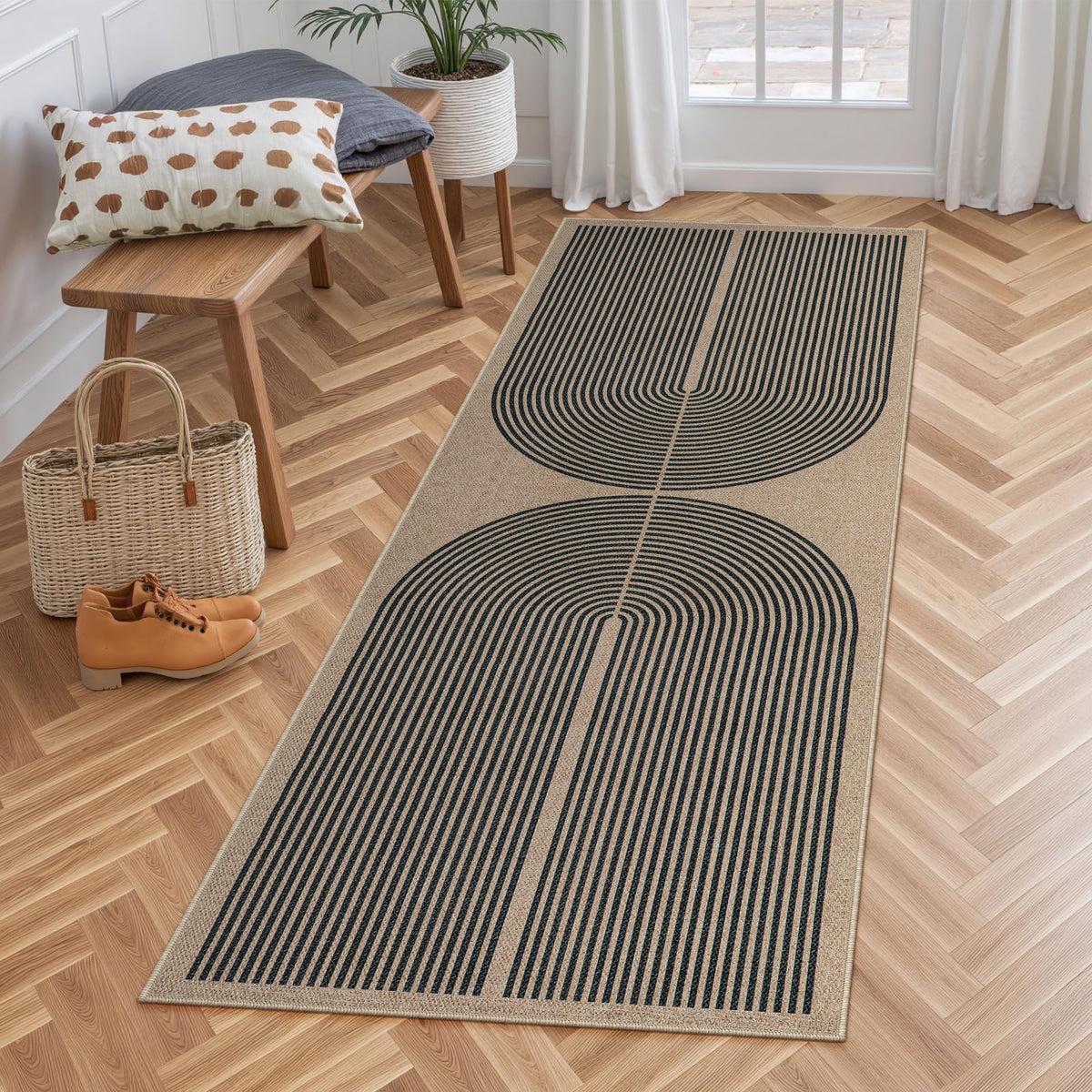 Lahome Modern Rainbow Easy Jute Carpet, Washable 5x7 Area Rugs for Living Room Patio Black Farmhouse Indoor Outdoor Rugs, Contemporary Natural Non Slip Floor Carpet for Office RV Backyard