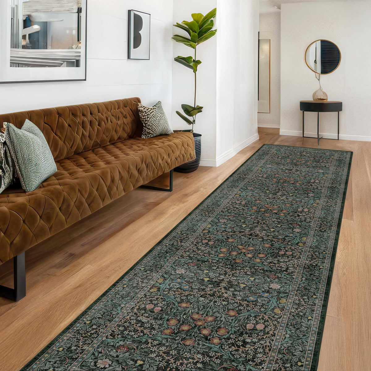 Floral Dark Green Washable Area Rugs 8x10, Vintage Living Room Rug