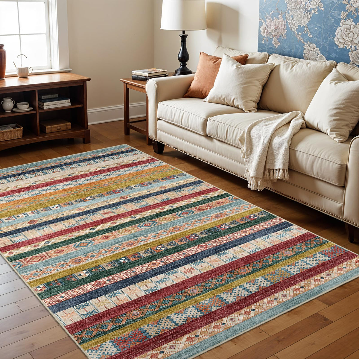 5x7 Washable Area Rug for Living Room - Non-Slip Geometric Rugs Blue Grey