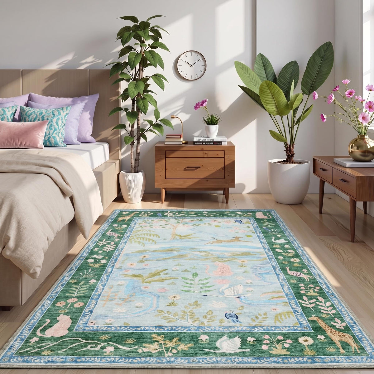 Washable Area Rug 5x7 Green Animal Print Rugs for Nursery Non Slip Stain Resistant Forest Fairy Tale Throw Carpet Low Pile Whimsical Safari Area Rugs for Entryway Girls Bedroom Dining Room, Green