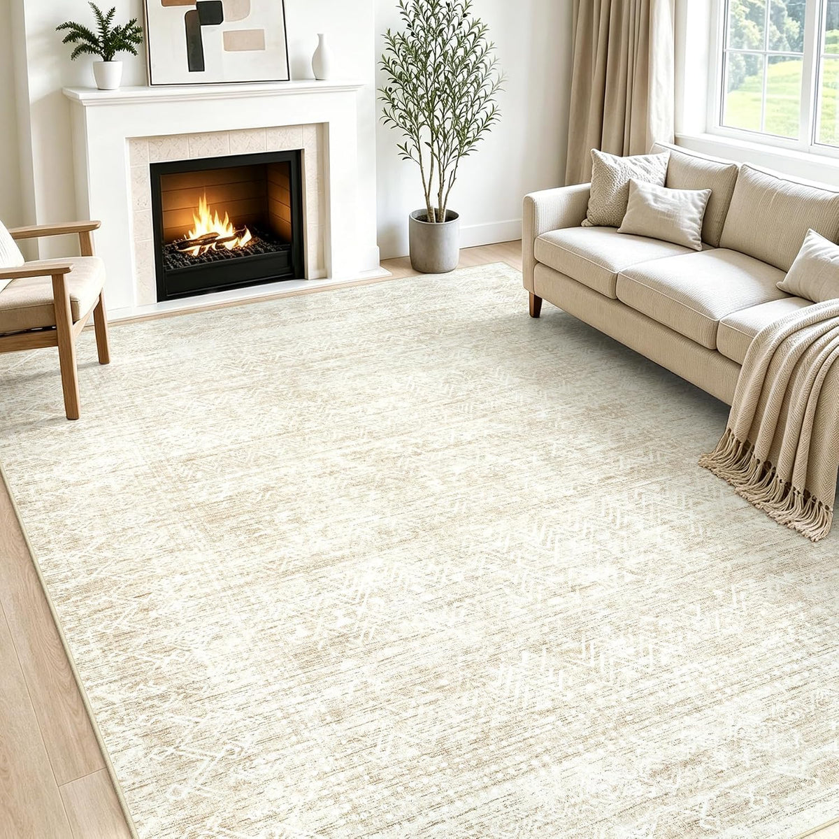 8x10 Area Rugs, Beige Washable Geometric Boho Rug for Living Room, Bedroom
