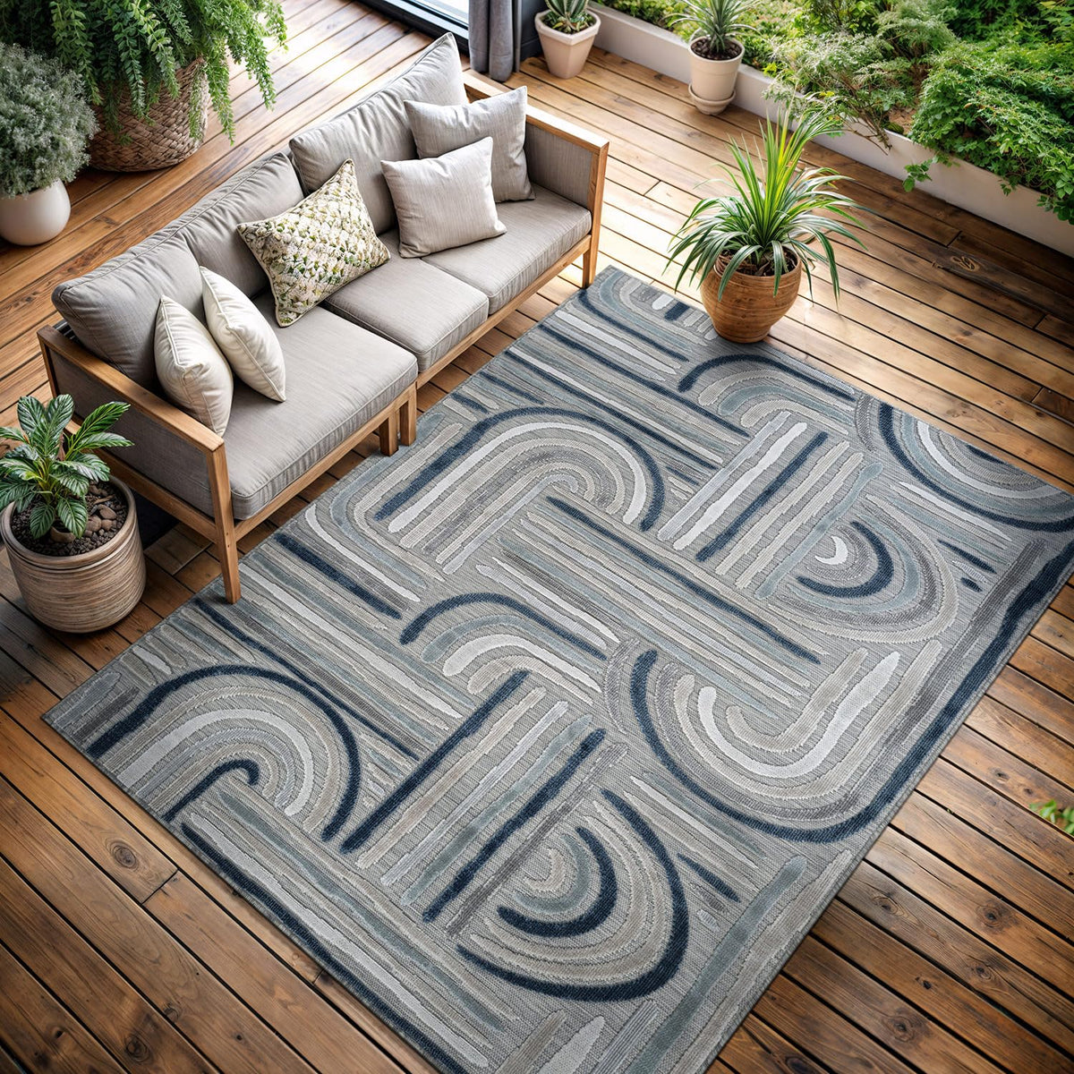 CAMILSON Indoor Outdoor Rug, Multicolor 6x9 Geometric Arch Striped Area Rugs for Patio and Home Areas, Easy-Cleaning Non-Shedding Living Room, Garden and Deck Washable Outside Carpet (6 x 9)