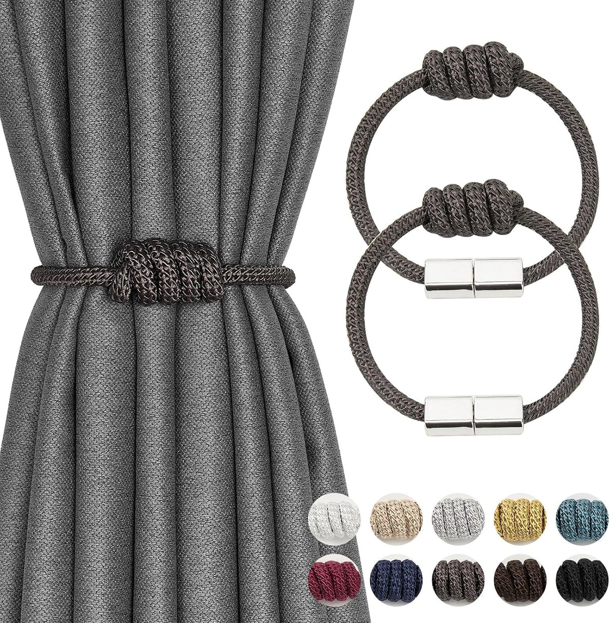 NICEEC 2 Pack Mini Magnetic Curtain Tiebacks Modern Simple Style Drape Tie Backs Elegant Hand Weave Rope Knot Decorative Curtain Holdbacks for Home & Office Window Drapery (Dark Grey)